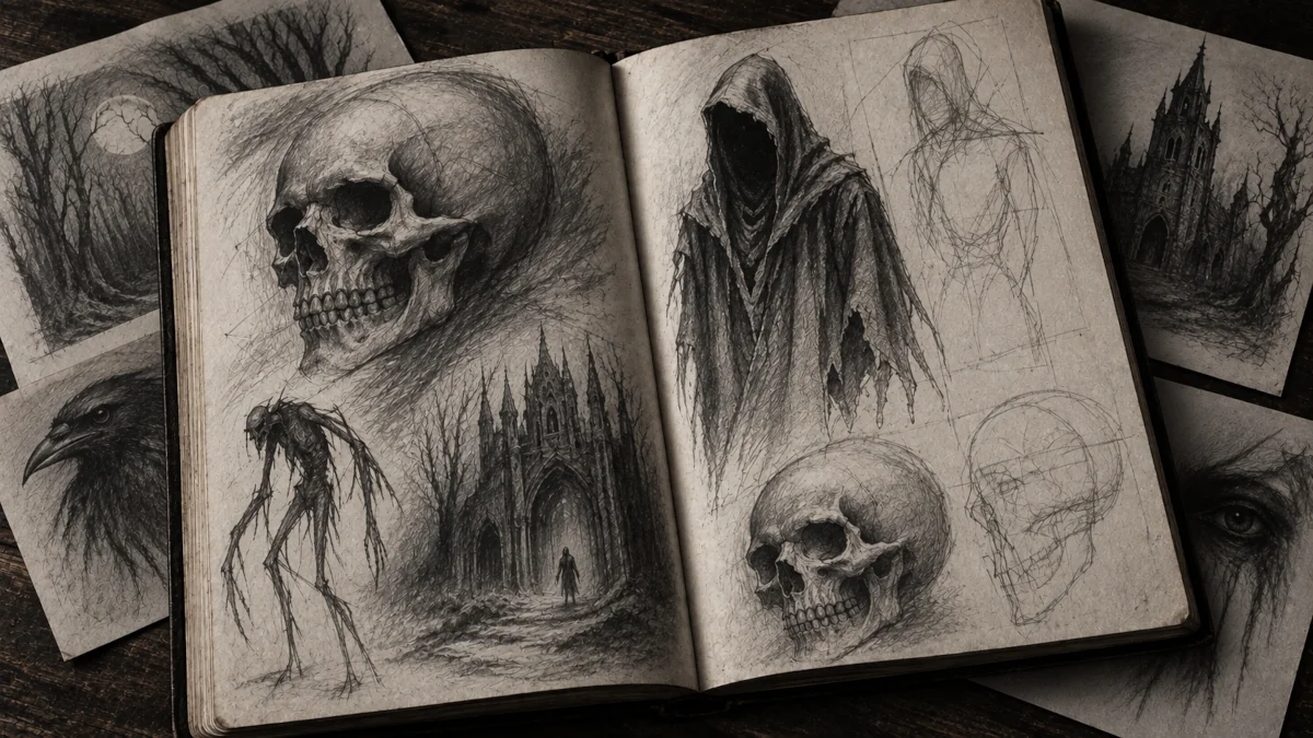 Open sketchbook filled with horror drawings, including skulls, a hooded figure and gothic artwork.