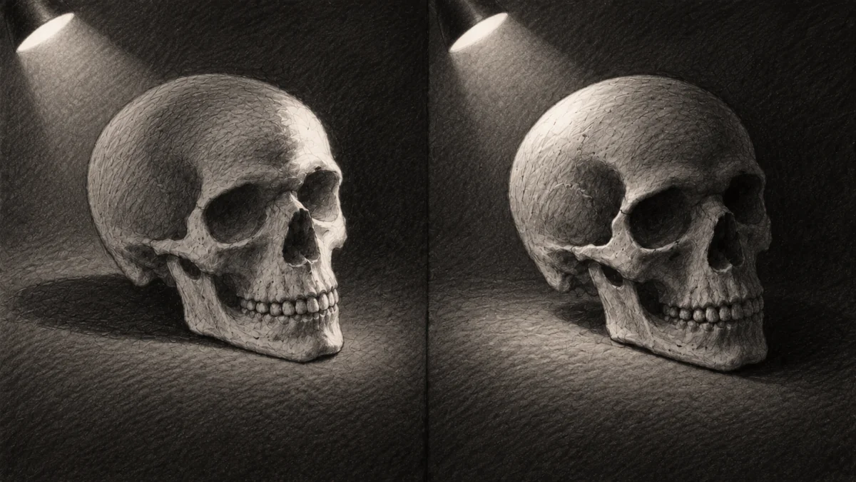 Two graphite skull drawings comparing incorrect and corrected lighting, with overhead lamps showing the intended direction of illumination.